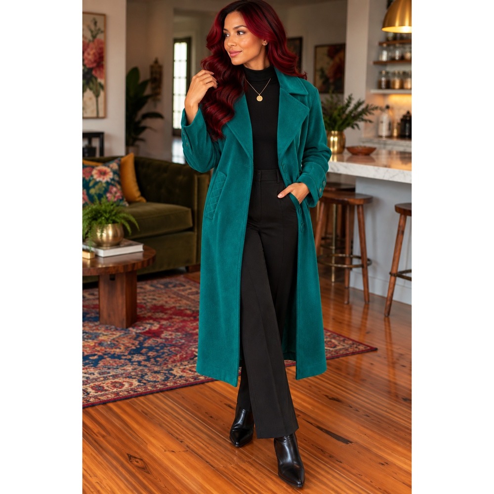 Juli de Roma Vintage Teal Green Longline Coat Quilted Detail Quiet Luxury Artsy